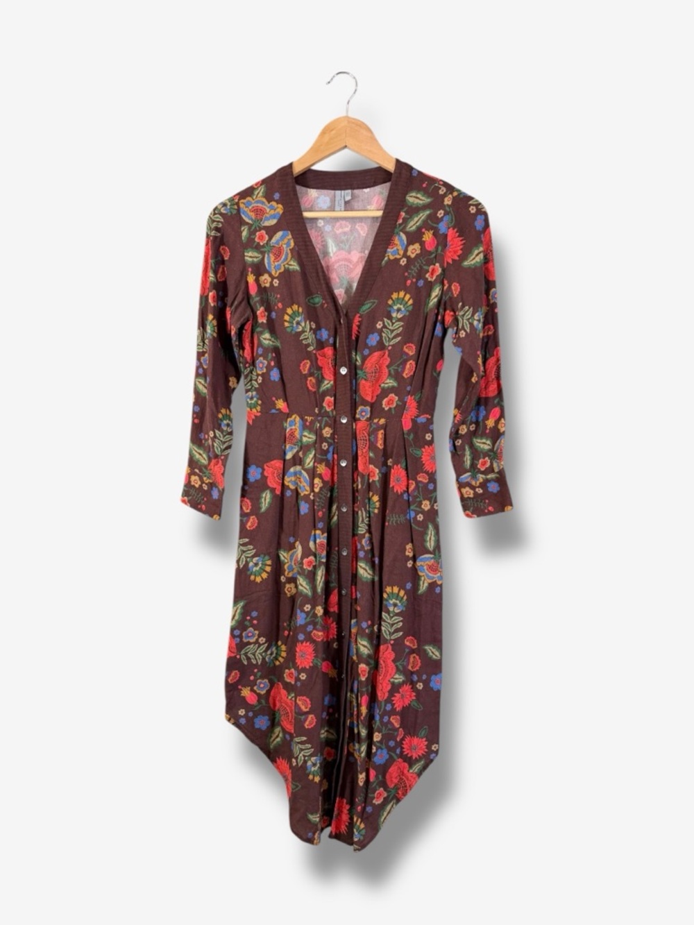 Anthropologie Bl-nk Rikke Midi Dress Size SP Red Floral Button Front Long Sleeve
